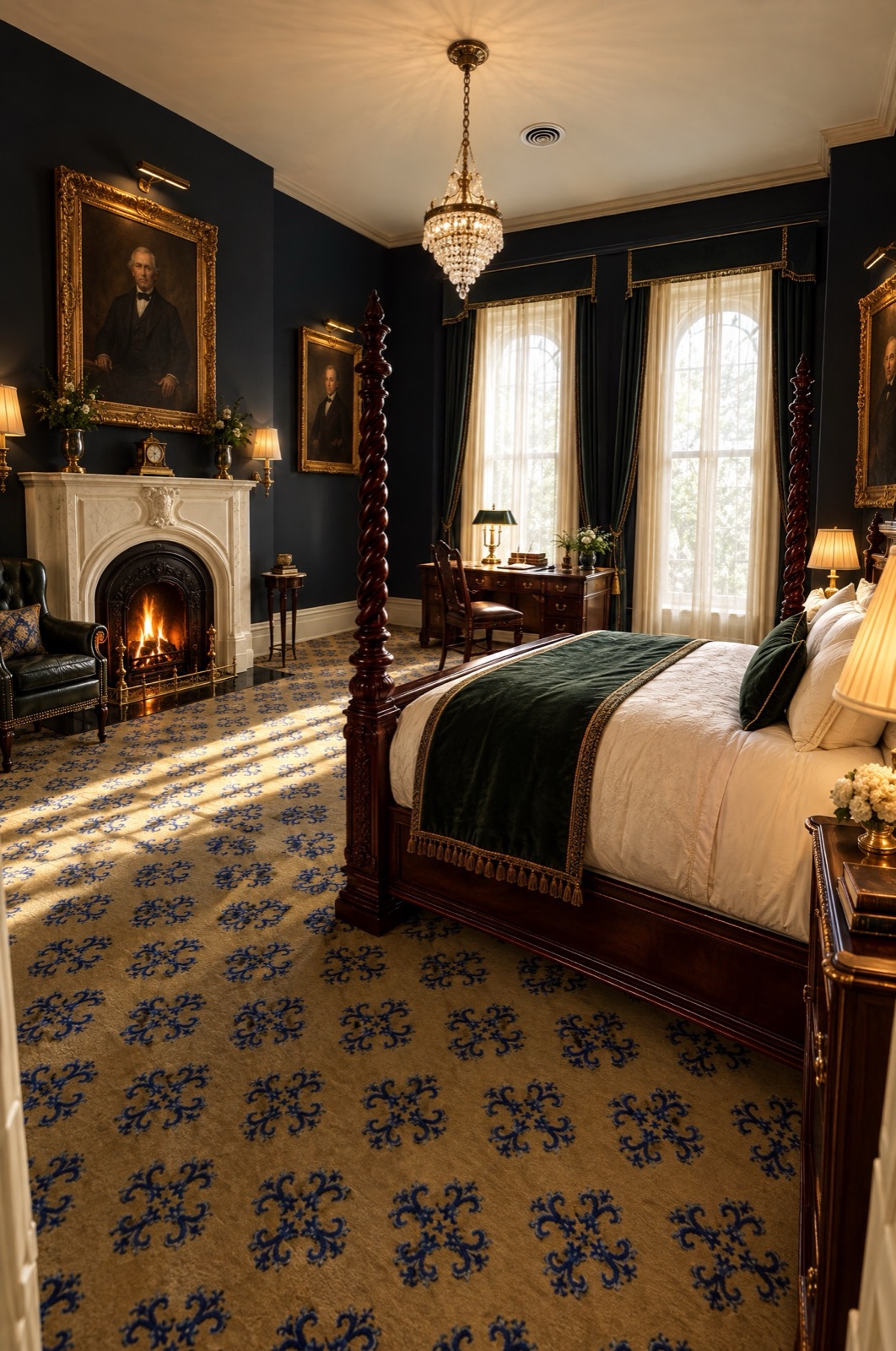 The Governor's Room with marble fireplace and chandelier