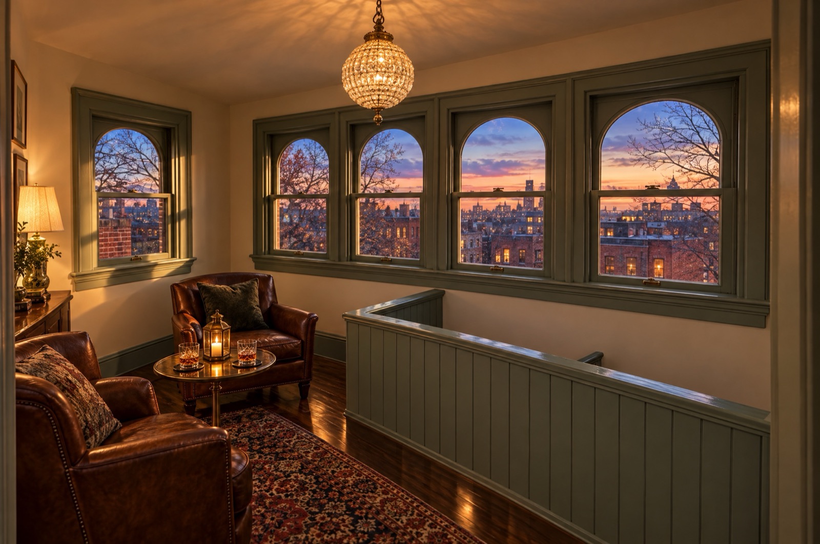 Inside the Sky Box cupola with arched windows over the city