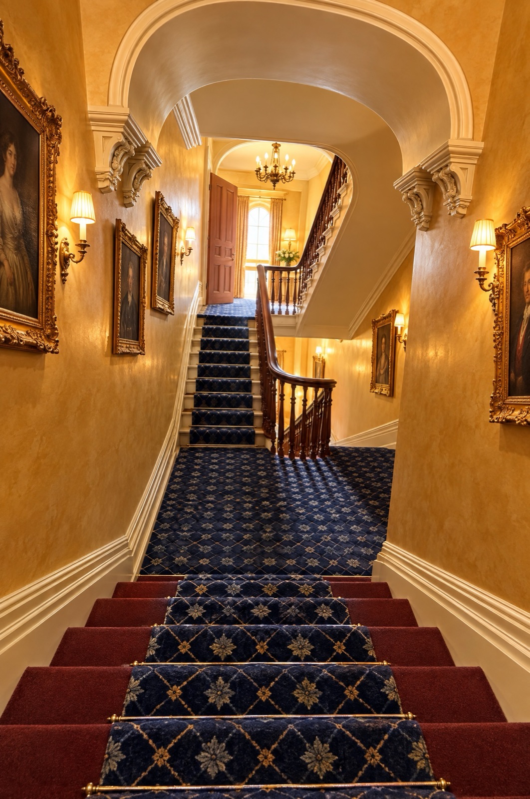 The grand staircase with patterned runner